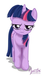 Size: 462x825 | Tagged: dead source, safe, artist:mysticalpha, twilight sparkle, unicorn twilight, pony, unicorn, angry, female, frown, looking at you, mare, simple background, solo, unamused, watermark, white background