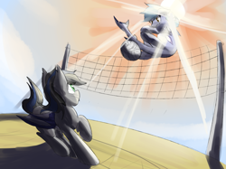 Size: 2439x1821 | Tagged: safe, artist:candel, oc, oc only, oc:hatii, oc:nightglider, bat pony, original species, shark pony, bat pony oc, cloud, commission, sand, sports, sun, volleyball, volleyball net