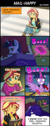 Size: 800x2020 | Tagged: safe, artist:uotapo, sunset shimmer, twilight sparkle, twilight sparkle (alicorn), equestria girls, bed, blushing, book, comic, cute, dialogue, eyes closed, magic, quill, shimmerbetes, smiling, thought bubble, twiabetes, writing