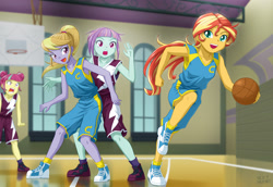 Size: 1160x800 | Tagged: safe, artist:uotapo, cloudy kicks, sour sweet, sunny flare, sunset shimmer, equestria girls, friendship games, alternate hairstyle, armpits, background human, ball is life, basketball, clothes, crystal prep academy, crystal prep shadowbolts, female, open mouth, ponytail, shoes, sneakers, sour rage, sunset helper, wondercolts