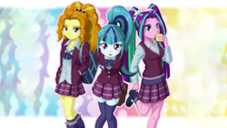 Size: 1920x1080 | Tagged: safe, artist:uotapo, edit, adagio dazzle, aria blaze, sonata dusk, equestria girls, friendship games, adoragio, ariabetes, bread, clothes, crystal prep academy, crystal prep academy uniform, cute, dazzlebetes, eating, female, food, frilly socks, looking at you, open mouth, school uniform, schoolgirl toast, shoes, skirt, socks, sonatabetes, stockings, the dazzlings, thigh highs, toast, uotapo is trying to murder us, wallpaper, wallpaper edit, zettai ryouiki