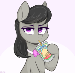 Size: 1229x1200 | Tagged: safe, artist:higglytownhero, octavia melody, earth pony, pony, capri sun, cute, drinking, drinking straw, female, hoof hold, juice, juice pouch, looking at you, mare, pink background, simple background