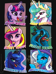 Size: 450x600 | Tagged: safe, artist:kp-shadowsquirrel, princess cadance, princess celestia, princess luna, queen chrysalis, trixie, twilight sparkle, twilight sparkle (alicorn), alicorn, changeling, changeling queen, pony, unicorn, candy, cape, clothes, crown, cute, cutealis, cutedance, cutelestia, diatrixes, eating, female, flavor, food, food porn, hat, jewelry, levitation, lollipop, looking at you, lunabetes, magic, mare, one eye closed, open mouth, regalia, smiling, smiling at you, telekinesis, text, tongue out, trixie's cape, trixie's hat, twiabetes, wink