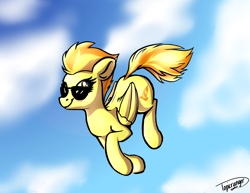 Size: 3176x2456 | Tagged: safe, artist:topicranger, spitfire, pegasus, pony, artist training grounds 2020, cloud, cloudy, female, flying, golden eyes, happy, looking up, newbie artist training grounds, orange eyes, orange mane, signature, sky, smiling, solo, sunglasses, wings, yellow