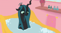 Size: 932x507 | Tagged: safe, artist:ne chi, queen chrysalis, changeling, changeling queen, animated, bath, bathtub, bubble, cute, cutealis, frame by frame, mundane utility, solo, water