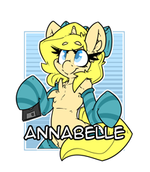 Size: 2100x2400 | Tagged: safe, artist:bbsartboutique, oc, oc:annabelle (zizzydizzymc), unicorn, badge, bow, chest fluff, clothes, con badge, cute, female, floppy disk, hair bow, simple background, socks, solo, stockings, striped socks, text, thigh highs, transparent background
