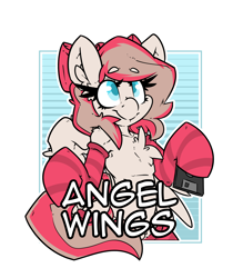 Size: 2100x2400 | Tagged: safe, artist:bbsartboutique, angel wings, oc, oc:angel wings, pegasus, pony, top bolt, badge, bow, chest fluff, clothes, con badge, cute, female, floppy disk, hair bow, mare, simple background, socks, solo, stockings, striped socks, text, thigh highs, transparent background