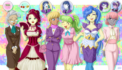 Size: 1722x1000 | Tagged: safe, artist:uotapo, cherry jubilee, chickadee, mayor mare, ms. harshwhinny, ms. peachbottom, prim hemline, rarity, sapphire shores, shining armor, suri polomare, equestria girls, abstract background, alumnus shining armor, beauty mark, cleavage, clothes, colored pupils, cougar, dress, earring, equestria girls-ified, eyes closed, fan, female, glasses, money, piercing, purse, speech bubble, thought bubble, whining armor, wink