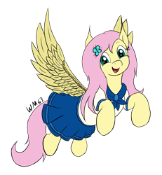 Size: 2223x2408 | Tagged: safe, artist:wapamario63, fluttershy, pegasus, pony, clothes, colored, cute, female, flat colors, flying, hair ornament, looking at you, mare, moe, open mouth, pleated skirt, school uniform, schoolgirl, shyabetes, simple background, skirt, smiling, solo, spread wings, three quarter view, transparent background, wings