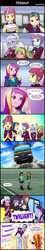 Size: 800x4424 | Tagged: safe, artist:uotapo, dean cadance, indigo zap, lemon zest, princess cadance, sour sweet, sugarcoat, sunny flare, sunset shimmer, twilight sparkle, twilight sparkle (alicorn), equestria girls, friendship games, bus, clothes, comic, crystal prep academy, crystal prep academy uniform, devil horn (gesture), dialogue, fallout, fallout 3, female, mistaken identity, open mouth, pipboy, school uniform, shadow five, skirt, speech bubble, sunny flare's wrist devices, sweatdrop, test paper, uotapo is trying to murder us, upskirt denied, v.a.t.s.