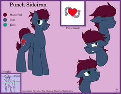 Size: 3895x3000 | Tagged: safe, artist:candel, oc, oc:punch sideiron, earth pony, pony, angry, happy, looking at you, male, reference sheet, size chart, size comparison, tired
