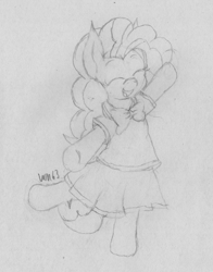 Size: 2127x2711 | Tagged: safe, artist:wapamario63, pinkie pie, earth pony, pony, semi-anthro, bipedal, clothes, cute, eyes closed, female, happy, mare, moe, monochrome, pleated skirt, school uniform, schoolgirl, sketch, skirt, smiling, solo, traditional art