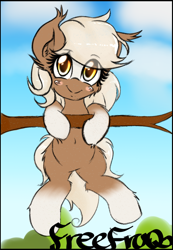 Size: 690x1000 | Tagged: safe, artist:freefraq, earth pony, pony, belly button, blushing, bush, cloud, cute, ear fluff, epona, eponadorable, female, golden eyes, grin, hang in there, hanging, leg fluff, looking at you, sky, smiling, smiling at you, solo, the legend of zelda, tree, tree branch