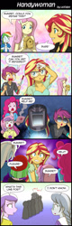 Size: 800x2504 | Tagged: safe, artist:uotapo, diamond tiara, drama letter, fluttershy, pinkie pie, rainbow dash, scootaloo, silver spoon, sunset shimmer, sweetie belle, trixie, watermelody, equestria girls, armpits, background human, cleavage, clothes, comic, female, sunset helper, sunset welder, welding