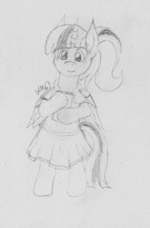 Size: 2135x3240 | Tagged: safe, artist:wapamario63, twilight sparkle, twilight sparkle (alicorn), alicorn, pony, bipedal, book, clothes, cute, female, lineart, mare, monochrome, pleated skirt, ponytail, school uniform, sketch, skirt, solo, traditional art