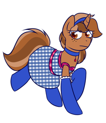 Size: 1084x1255 | Tagged: safe, artist:caballerial, oc, oc only, oc:sign, pony, unicorn, :i, choker, clothes, dress, headband, looking at you, sign, simple background, socks, solo, unmoving plaid, white background