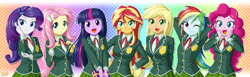 Size: 2366x733 | Tagged: safe, artist:uotapo, applejack, fluttershy, pinkie pie, rainbow dash, rarity, sunset shimmer, twilight sparkle, twilight sparkle (alicorn), equestria girls, applerack, beautiful, book, breast rest, breasts, clothes, colored pupils, cute, dashabetes, diapinkes, female, happy, hootershy, humane seven, inanaki memorial, jackabetes, looking at you, mane six, open mouth, raribetes, school uniform, shimmerbetes, shyabetes, smiling, twiabetes, uotapo is trying to murder us, weapons-grade cute, wink