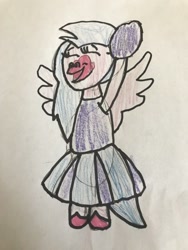 Size: 450x600 | Tagged: safe, artist:whistle blossom, silverstream, classical hippogriff, hippogriff, semi-anthro, 2 4 6 greaaat, bipedal, cheering, cheerleader, cheerleader outfit, cheerleader silverstream, clothes, cute, diastreamies, eyes closed, female, marker drawing, open mouth, pom pom, simple background, smiling, solo, standing, teenager, traditional art, whistle blossom is trying to murder us, white background