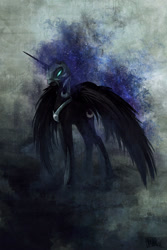 Size: 667x1000 | Tagged: safe, artist:cosmicunicorn, nightmare moon, alicorn, ethereal mane, glowing eyes, mare, signature, sketch, solo, speedpaint, spread wings