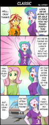 Size: 800x2020 | Tagged: safe, artist:uotapo, fluttershy, princess celestia, principal celestia, sunset shimmer, equestria girls, 4koma, azumanga daioh, ben 10, clothes, comic, dialogue, eyes closed, female, multicolored hair, oil, open mouth, parody, shirt, sky, speech bubble, the rustbucket, this will end in accidents, van