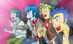 Size: 784x472 | Tagged: safe, artist:uotapo, edit, captain planet, flash sentry, sandalwood, thunderbass, equestria girls, background human, blushing, brad, clothes, colored pupils, cropped, exploitable meme, happy, jacket, male, meme, open mouth, pants, reaction guys, shirrt, sitting, teeth, tongue