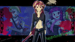 Size: 2560x1440 | Tagged: safe, artist:ngrycritic, artist:uotapo, edit, cherry crash, mystery mint, rainbow dash, sunset shimmer, equestria girls, rainbow rocks, bass guitar, bra, choker, cleavage, clothes, electric guitar, fangs, female, guitar, microphone, musical instrument, open mouth, pants, scarf, signature, spiked choker, sunset shredder, underwear