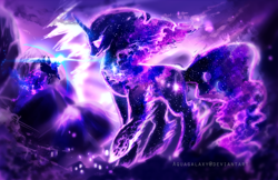 Size: 4000x2588 | Tagged: safe, artist:aquagalaxy, princess luna, tantabus, alicorn, pony, do princesses dream of magic sheep, absurd resolution, barrier, epic, female, flying, galaxy, glowing eyes, glowing horn, magic, mare, night, night sky, planet, raised hoof, spread wings, stars, that was fast