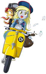 Size: 1030x1670 | Tagged: safe, artist:uotapo, derpy hooves, sunset shimmer, equestria girls, clothes, colored pupils, eyelashes, female, flcl, helmet, motorcycle, open mouth, scooter, simple background, sunset helper, teeth, transparent background, vespa