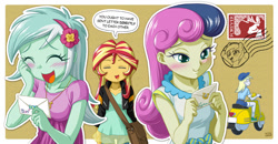 Size: 1200x624 | Tagged: safe, artist:uotapo, bon bon, derpy hooves, lyra heartstrings, princess celestia, sunset shimmer, sweetie drops, equestria girls, adorabon, bag, blushing, clothes, colored pupils, cute, driving, engrish, envelope, eyes closed, female, flcl, implied lyrabon, leather jacket, lesbian, lyrabetes, lyrabon, moped, motorcycle, open mouth, scooter, shimmerbetes, shipping, shoes, shorts, socks, speech bubble, stamp, sunset helper, uotapo is trying to murder us, vehicle, vespa