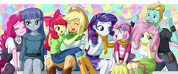 Size: 1465x612 | Tagged: safe, artist:uotapo, apple bloom, applejack, fluttershy, maud pie, pinkie pie, rarity, sweetie belle, zephyr breeze, equestria girls, flutter brutter, :3, big sister, blushing, boots, breasts, brother and sister, cleavage, clothes, colored pupils, cowboy hat, cute, denim skirt, equestria girls-ified, female, group, hat, jeans, little sister, maudabetes, pants, shorts, siblings, sisters, skirt, smiling, stetson, uotapo is trying to murder us, when she smiles, zephyrbetes