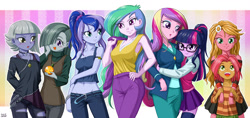 Size: 1600x753 | Tagged: safe, artist:uotapo, idw, babs seed, dean cadance, limestone pie, marble pie, princess cadance, princess celestia, princess luna, principal celestia, sci-twi, sunflower (character), twilight sparkle, vice principal luna, equestria girls, adorababs, armpits, belly button, blushing, breasts, cleavage, clothes, colored pupils, cute, cutedance, dragon ball, dragon ball (object), dragon ball z, equestria girls-ified, female, glasses, hair over one eye, hug, limabetes, long hair, low rise jeans, marblebetes, midriff, onee-sama, pleated skirt, ponytail, princess breastia, princess cansdance, sister-in-law, sisters, skirt, smiling, socks, tanktop, thigh highs, uotapo is trying to murder us, wall of tags, zettai ryouiki