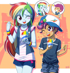 Size: 1100x1149 | Tagged: safe, artist:uotapo, rainbow dash, scootaloo, equestria girls, baseball cap, blushing, brain freeze, clothes, colored pupils, cute, cutealoo, dashabetes, denim, female, food, hat, ice cream, one eye closed, open mouth, scootalove, shaved ice, shorts, sorbet, spoon, sweat, thought bubble, uotapo is trying to murder us, vest, wink