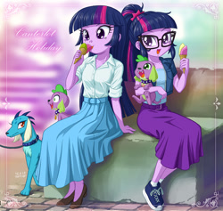 Size: 1100x1043 | Tagged: safe, artist:uotapo, princess ember, sci-twi, spike, spike the regular dog, twilight sparkle, twilight sparkle (alicorn), dog, equestria girls, alternate hairstyle, beautiful, clothes, colored pupils, converse, cute, doggy dragondox, duality, ember the dog, equestria girls-ified, female, food, ice cream, male, not what it looks like, out of context, parody, paws, ponytail, self paradog, self paradox, shoes, sneakers, spikabetes, spike the dog, twiabetes, twolight, uotapo is trying to murder us