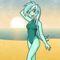 Size: 1200x1200 | Tagged: safe, artist:uotapo, colorist:crowley, edit, lyra heartstrings, equestria girls, armpits, beach, clothes, female, looking at you, one-piece swimsuit, open mouth, sand, sky, solo, sun, swimsuit, water