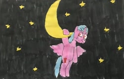 Size: 640x407 | Tagged: safe, artist:whistle blossom, cozy glow, alicorn, pony, alicornified, alternate universe, cozybetes, cozycorn, cute, female, filly, foal, hanging, moon, night, race swap, reformed, sky, smiling, solo, stars, tangible heavenly object, traditional art, whistleverse