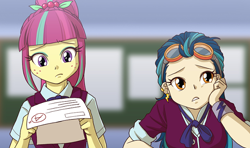 Size: 640x379 | Tagged: safe, artist:uotapo, indigo zap, sour sweet, equestria girls, clothes, cropped, cute, ear piercing, eyelashes, female, freckles, goggles, indoors, multicolored hair, piercing, ponytail, school uniform, sourbetes, uniform, zapabetes