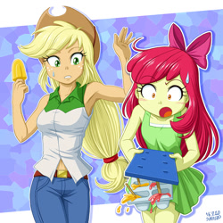 Size: 1200x1200 | Tagged: safe, artist:uotapo, apple bloom, applejack, equestria girls, armpits, belly button, breasts, clothes, colored pupils, cowboy hat, dress, duo, female, food, hat, jeans, oops, open mouth, pants, popsicle, siblings, signature, sisters, spill, stetson, tray