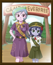 Size: 875x1075 | Tagged: safe, artist:uotapo, princess celestia, princess luna, principal celestia, vice principal luna, equestria girls, legend of everfree, badge, camp everfree, clothes, colored pupils, cute, cutelestia, filly, girl scout, looking at you, lunabetes, picture, pigtails, scout uniform, sisters, smiling, twintails, uotapo is trying to murder us, woona, younger