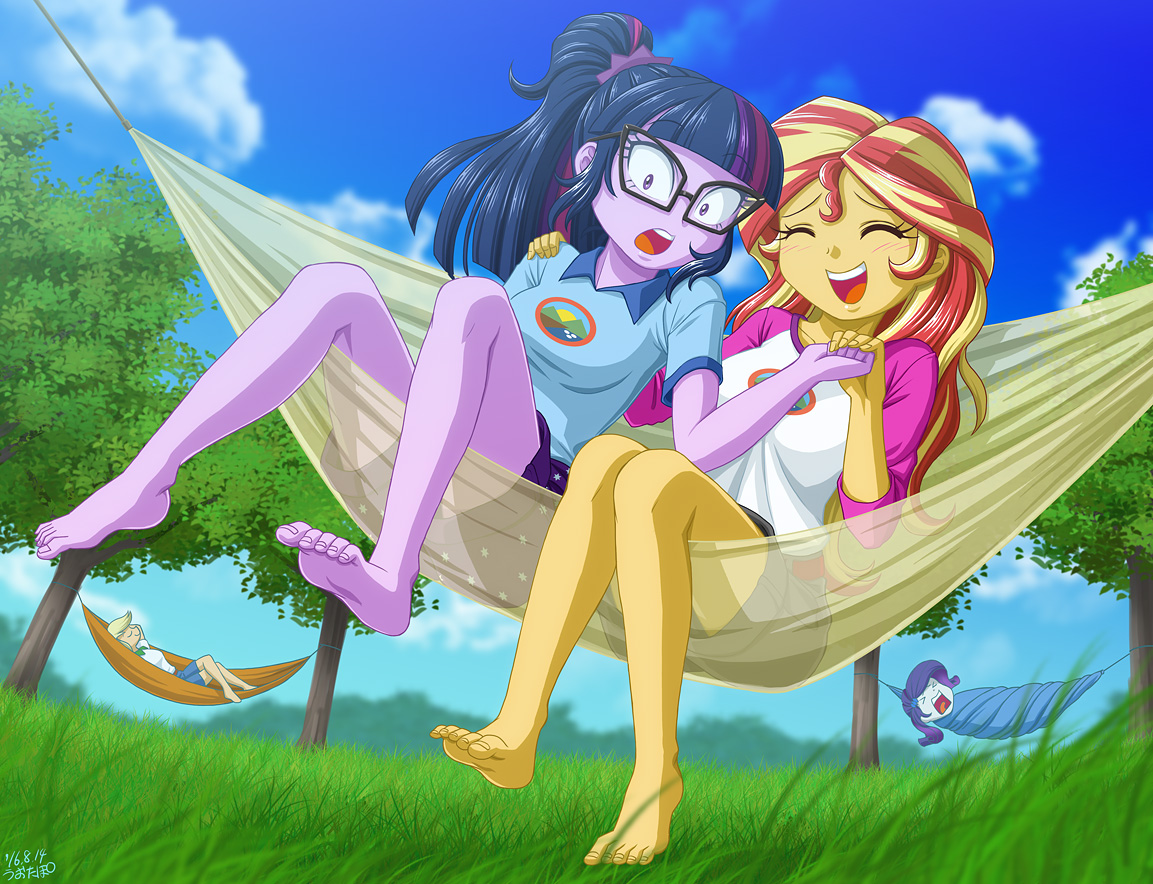 6266 - safe, artist:uotapo, applejack, rarity, sci-twi, sunset shimmer, twilight  sparkle, equestria girls, legend of everfree, barefoot, blushing, camp  everfree outfits, cute, eyes closed, feet, female, grass, hammock, holding  hands, jackabetes, laughing,