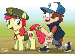 Size: 1000x723 | Tagged: safe, artist:uotapo, apple bloom, earth pony, pony, adorabloom, clothes, crossover, cute, cutie mark, dipper pines, eyelashes, female, filly guides, grass, gravity falls, hat, male, open mouth, shoes, sky, the cmc's cutie marks