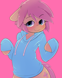 Size: 1665x2115 | Tagged: safe, artist:hoodie, fluttershy, pegasus, pony, semi-anthro, alternate hairstyle, blushing, clothes, female, hoodie, looking at you, mare, pink background, short mane, simple background, smiling, wholesome