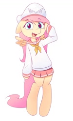 Size: 692x1153 | Tagged: safe, artist:hoodie, fluttershy, pegasus, pony, semi-anthro, clothes, female, looking at you, mare, open mouth, open smile, sailor uniform, salute, simple background, skirt, smiling, uniform, white background