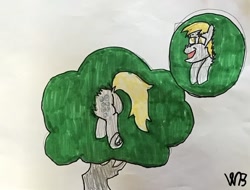 Size: 640x487 | Tagged: safe, artist:whistle blossom, derpy hooves, pegasus, pony, bubble butt, butt, buttstuck, cute, derpabetes, dock, female, frog (hoof), mare, open mouth, plot, signature, smiling, solo, stuck, traditional art, tree, underhoof