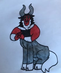 Size: 502x600 | Tagged: safe, artist:whistle blossom, lord tirek, centaur, bracer, cloven hooves, colored hooves, cute, looking at you, male, marker drawing, nose piercing, nose ring, piercing, simple background, sitting, solo, tirebetes, traditional art, white background