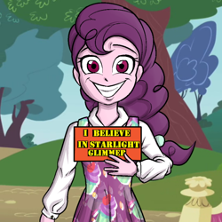 Size: 540x540 | Tagged: safe, artist:kul, starlight glimmer, sugar belle, equestria girls, cult, female, jim jones, jonestown, reference, sign, smiling, solo