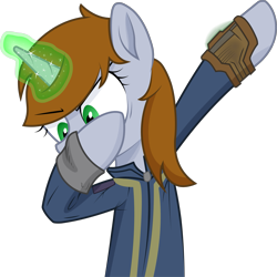 Size: 2421x2421 | Tagged: safe, artist:brisineo, artist:warking76, oc, oc:littlepip, pony, unicorn, fallout equestria, clothes, dab, fallout, fanfic, fanfic art, female, glowing horn, hooves, horn, magic, mare, meme, pipbuck, simple background, solo, transparent background, vault suit, vector