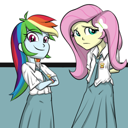 Size: 800x800 | Tagged: safe, artist:kul, fluttershy, rainbow dash, equestria girls, clothes, emblem, indonesia, long skirt, looking at you, necktie, school uniform, simple background, smiling, uniform