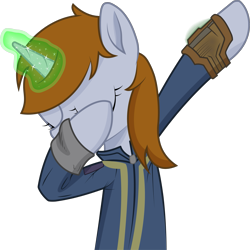 Size: 2421x2421 | Tagged: safe, alternate version, artist:brisineo, artist:warking76, oc, oc:littlepip, pony, unicorn, fallout equestria, clothes, dab, eyes closed, fallout, fanfic, fanfic art, female, glowing horn, hooves, horn, magic, mare, meme, pipbuck, simple background, solo, vault suit, vector