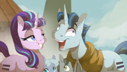 Size: 1839x1054 | Tagged: safe, artist:dvixie, party favor, starlight glimmer, pony, the cutie map, bedroom eyes, derp, equal cutie mark, faic, grin, horses doing horse things, i didn't listen, open mouth, photoshop, scene interpretation, smiling, that was fast