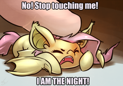 Size: 1000x700 | Tagged: safe, artist:atryl, fluttershy, bat pony, human, pony, bats!, bat ponified, caption, cute, eyes closed, female, finger, flutterbat, frown, hand, i am the night, image macro, impact font, mare, micro, offscreen character, offscreen human, open mouth, parody, prone, race swap, shyabates, stop touching me, sweet dreams fuel, tiny, tsundere